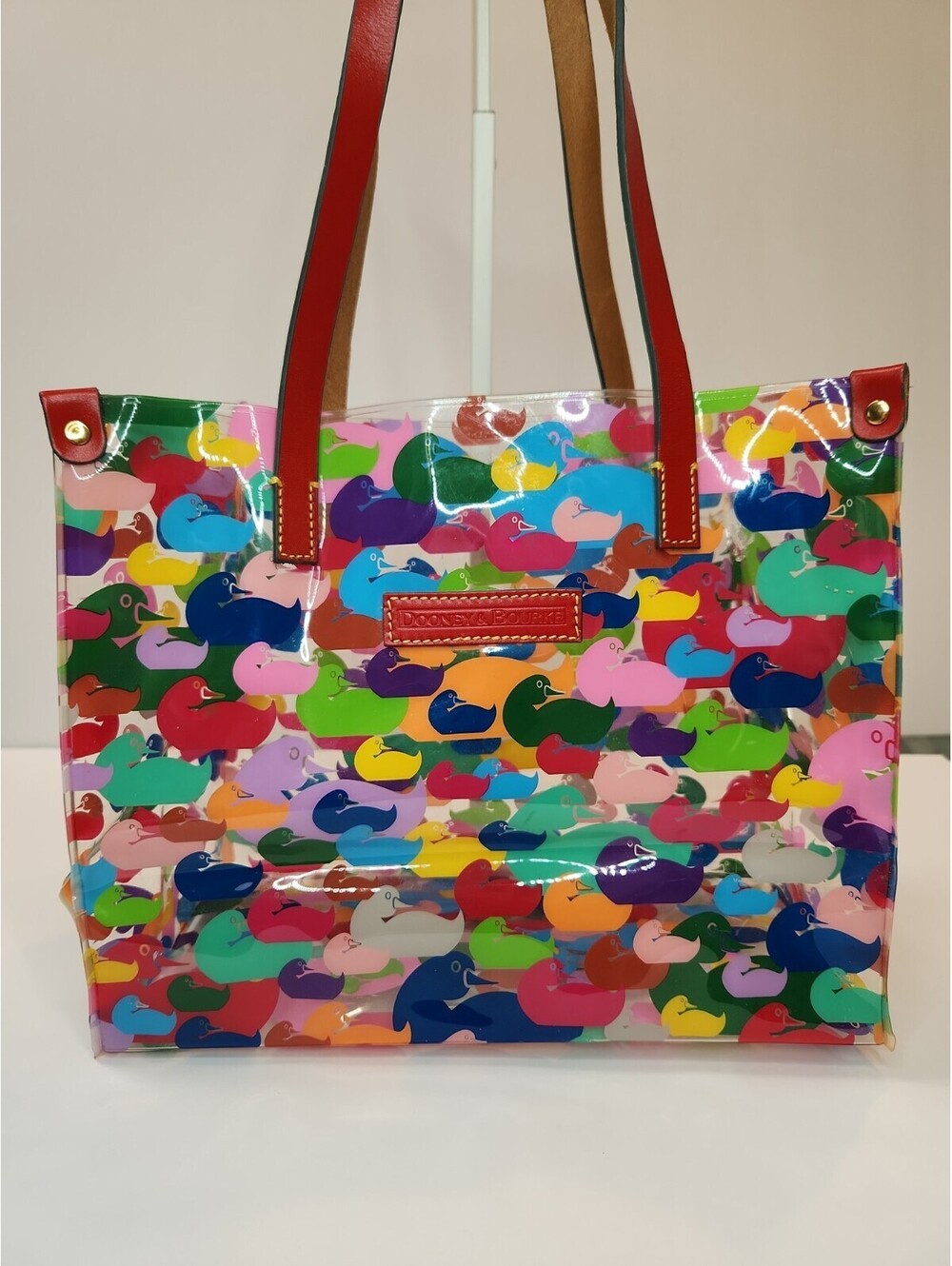 Dooney & Bourke Rainbow Duck Print Clear PVC Tote Bag Red Leather Trim Shopper